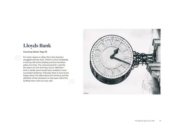 A page from Noticing Newton Abbot. An illustration of the clock on Lloyds Bank in Newton Abbot