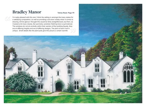 A page from Noticing Newton Abbot. An Illustration of Bradley Manor by Ewan Walton