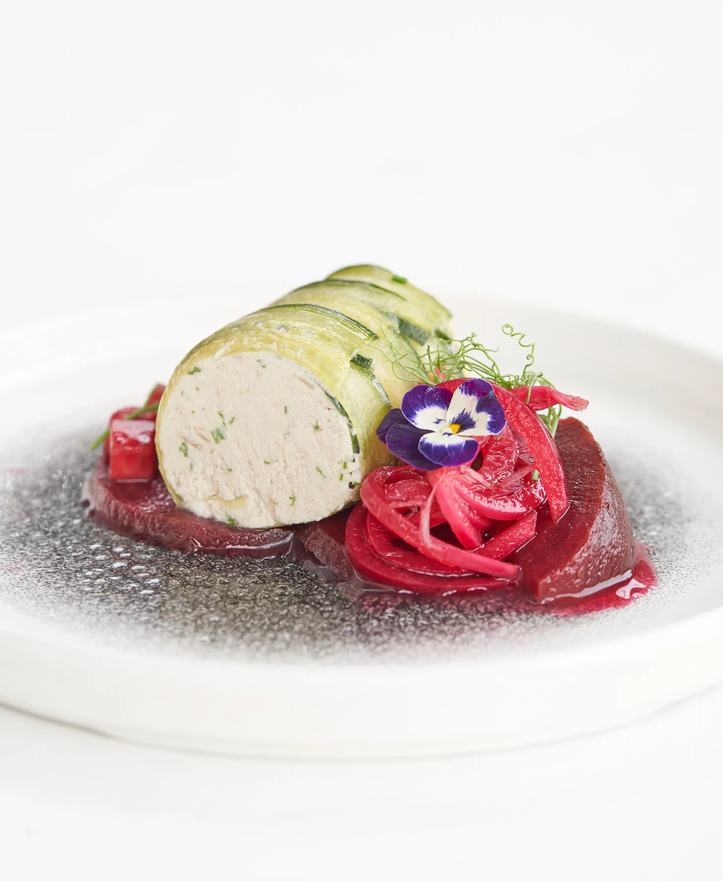 Smoked mackerel roulade with pickled beetroot and cucumber