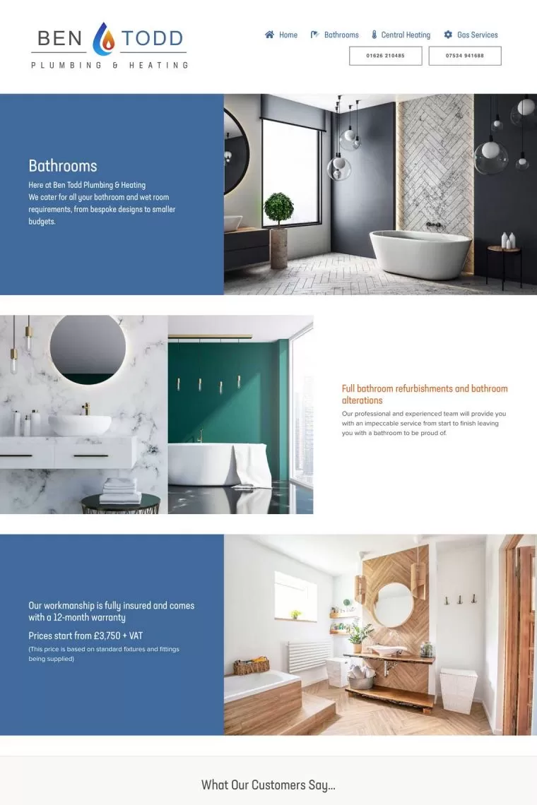 Sample page: Bathrooms. Ben Todd Plumbing & Heating. Website design by We Make Magazines