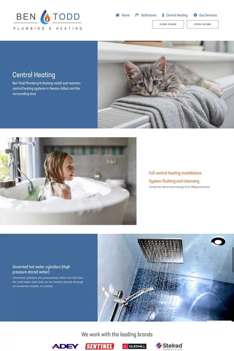 Sample page: Central Heating. Ben Todd Plumbing & Heating. Website design by We Make Magazines 