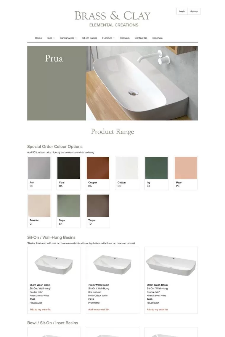 Brass & Clay. Sample web page: Prua. Website design by We Make Magazines