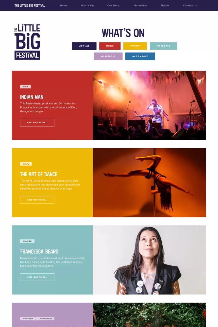 Screenshot of the Artist page on The Little Big Festival website. A colourful website designed by We Make Media