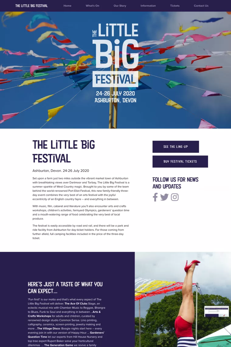 Screenshot of the home page of The Little Big Festival website. A website designed by We Make Media