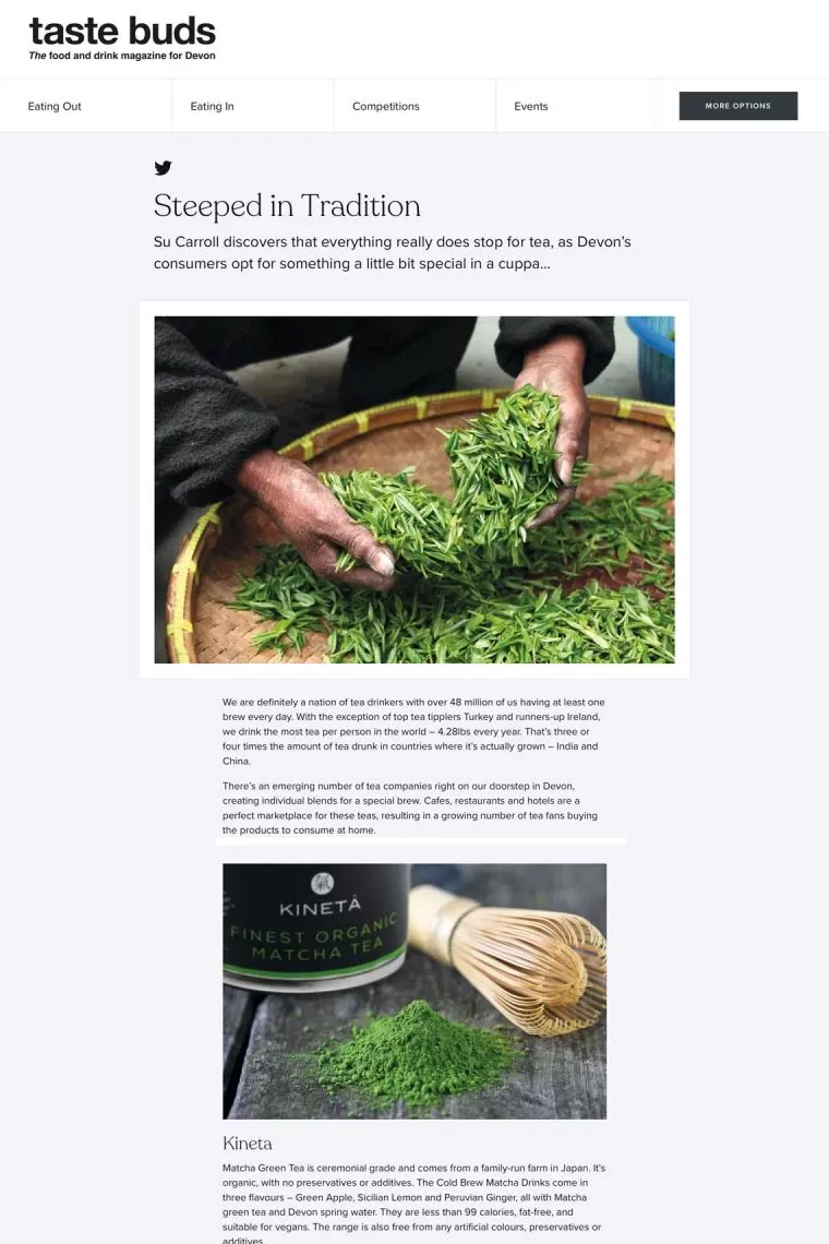 A sample page from the Taste Buds website. Steep in Tradition – a look at Devon's tea companies.